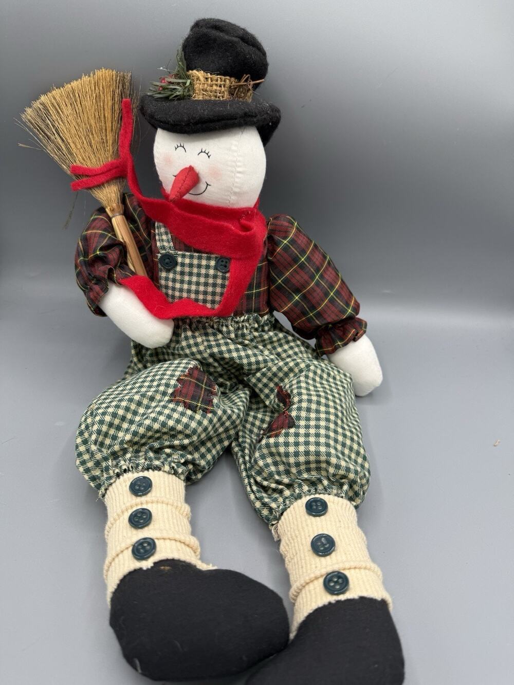 Sterling Inc Plush Snowman Christmas Doll 16” Broom Plaid Overalls Hanging Decor